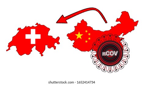 Coronavirus outbreak spreading all over Chine from Wuhan city of China. Coronavirus outbreak spread from China to Switzerland. Flag highlight within the countr map.