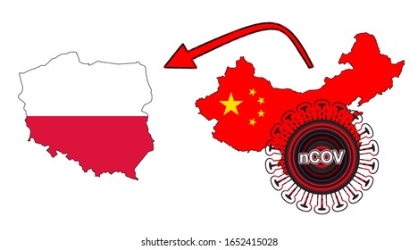 Coronavirus outbreak spreading all over Chine from Wuhan city of China. Coronavirus outbreak spread from China to Poland. Flag highlight within the countr map.