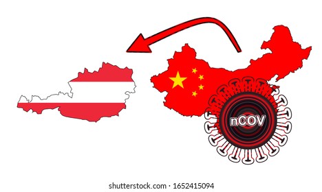 Coronavirus outbreak spreading all over Chine from Wuhan city of China. Coronavirus outbreak spread from China to Austria. Flag highlight within the countr map.