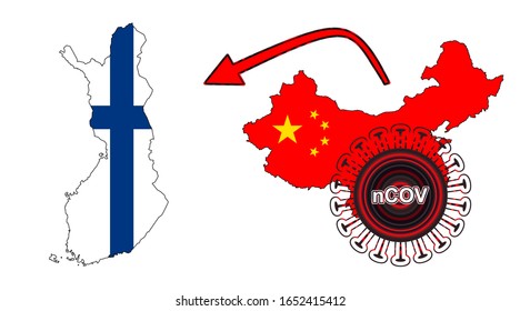Coronavirus outbreak spreading all over Chine from Wuhan city of China. Coronavirus outbreak spread from China to Finland. Flag highlight within the countr map.