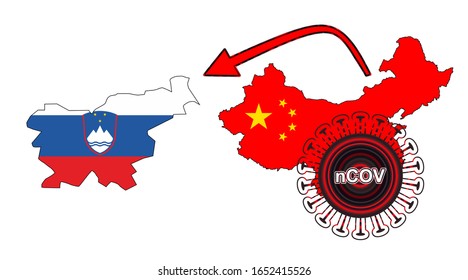 Coronavirus outbreak spreading all over Chine from Wuhan city of China. Coronavirus outbreak spread from China to Slovenia. Flag highlight within the countr map.