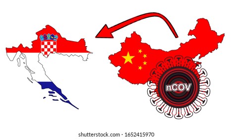 Coronavirus outbreak spreading all over Chine from Wuhan city of China. Coronavirus outbreak spread from China to Croatia. Flag highlight within the countr map.