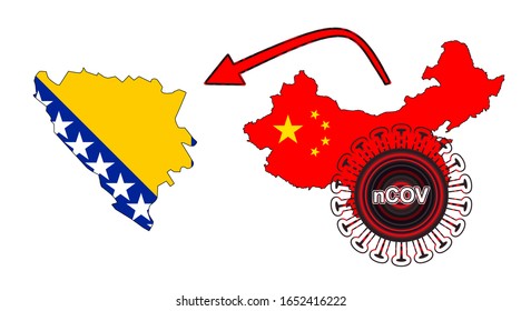 Coronavirus outbreak spreading all over Chine from Wuhan city of China. Coronavirus outbreak spread from China to Bosnia and Herzegovina. Flag highlight within the countr map.