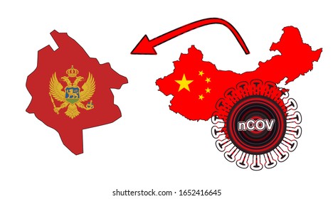 Coronavirus outbreak spreading all over Chine from Wuhan city of China. Coronavirus outbreak spread from China to Montenegro. Flag highlight within the countr map.