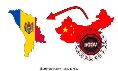 Coronavirus outbreak spreading all over Chine from Wuhan city of China. Coronavirus outbreak spread from China to Moldova. Flag highlight within the countr map.