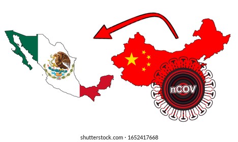 Coronavirus outbreak spreading all over Chine from Wuhan city of China. Coronavirus outbreak spread from China to Mexico. Flag highlight within the countr map.