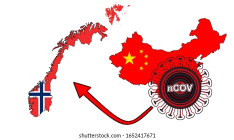 Coronavirus outbreak spreading all over Chine from Wuhan city of China. Coronavirus outbreak spread from China to Norway. Flag highlight within the countr map.