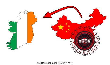 Coronavirus outbreak spreading all over Chine from Wuhan city of China. Coronavirus outbreak spread from China to Ireland. Flag highlight within the countr map.