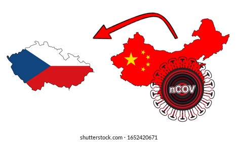 Coronavirus outbreak spreading all over Chine from Wuhan city of China. Coronavirus outbreak spread from China to Czech. Flag highlight within the countr map.