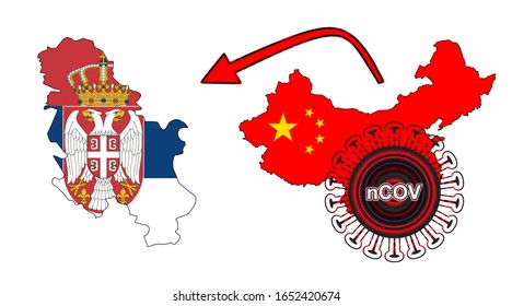 Coronavirus outbreak spreading all over Chine from Wuhan city of China. Coronavirus outbreak spread from China to Serbia. Flag highlight within the countr map.