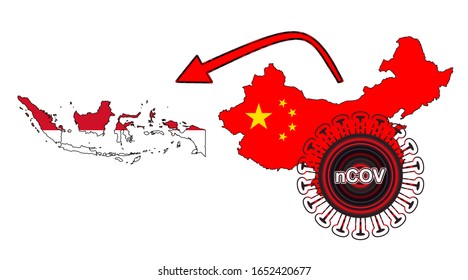 Coronavirus outbreak spreading all over Chine from Wuhan city of China. Coronavirus outbreak spread from China to Indonesia. Flag highlight within the countr map.