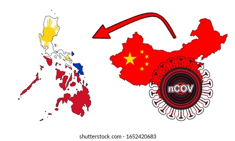 Coronavirus outbreak spreading all over Chine from Wuhan city of China. Coronavirus outbreak spread from China to Philippines. Flag highlight within the countr map.