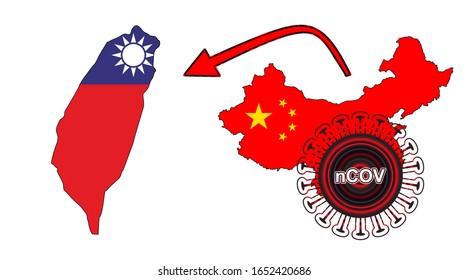 Coronavirus outbreak spreading all over Chine from Wuhan city of China. Coronavirus outbreak spread from China to Taiwan. Flag highlight within the countr map.