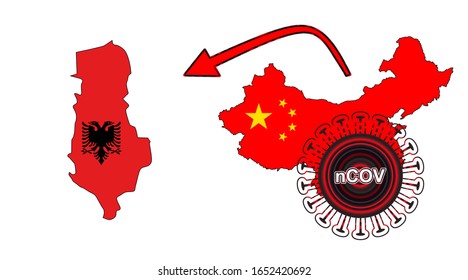 Coronavirus outbreak spreading all over Chine from Wuhan city of China. Coronavirus outbreak spread from China to Albania. Flag highlight within the countr map.