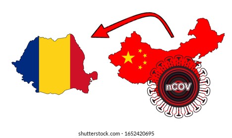 Coronavirus outbreak spreading all over Chine from Wuhan city of China. Coronavirus outbreak spread from China to Romania. Flag highlight within the countr map.