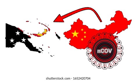 Coronavirus outbreak spreading all over Chine from Wuhan city of China. Coronavirus outbreak spread from China to Papua New Guinea. Flag highlight within the countr map.