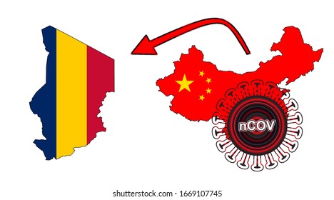 Coronavirus outbreak spreading all over Chine from Wuhan city of China. Coronavirus outbreak spread from China to Chad. Flag highlight within the countr map.