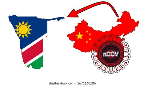 Coronavirus outbreak spreading all over Chine from Wuhan city of China. Coronavirus outbreak spread from China to  Namibia. Flag highlight within the countr map.