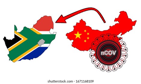 Coronavirus outbreak spreading all over Chine from Wuhan city of China. Coronavirus outbreak spread from China to South Africa. Flag highlight within the countr map.
