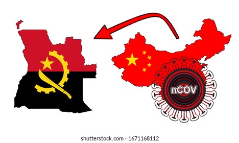 Coronavirus outbreak spreading all over Chine from Wuhan city of China. Coronavirus outbreak spread from China to  Angola. Flag highlight within the countr map.