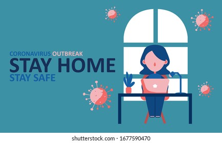 Coronavirus outbreak. stay at home stay safe. keep calm and work from home. flat vector design.