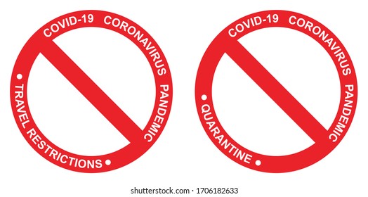 Coronavirus outbreak travel restrictions, travel ban and quarantine sign and symbol for COVID-19 pandemic worldwide.