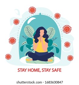 Coronavirus outbreak vector concept. A girl sits in a meditation pose under a glass cap. Covid-19 virus in air. Staying home with self quarantine. Fear of getting sick. Flat vector illustration.