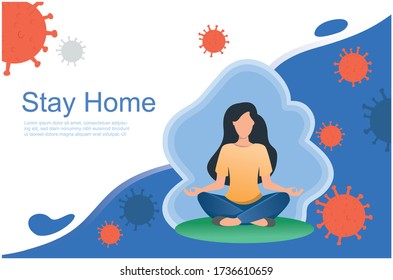 Coronavirus outbreak vector concept. A girl sits in a meditation pose. Covid-19 virus in air. Staying home with self quarantine. Protect from viruses