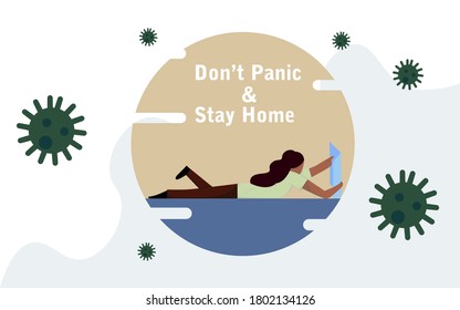 Coronavirus outbreak vector concept. A girl enjoying in a meditation pose with a book under a circle . Covid-19 virus in air. Staying home with self quarantine. Protect from viruses
