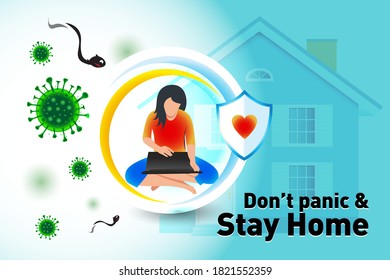 Coronavirus outbreak vector concept. A girl sits in with notebook under a force shield. Covid-19 virus in air. Staying home with self quarantine. Protect from viruses