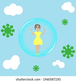 Coronavirus outbreak vector concept. A girl sits in a meditation pose under a glass cap. Covid-19 virus in air. Staying home with self quarantine. Protect from viruses