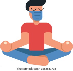 Coronavirus outbreak vector concept. A man in medicine mask sits in a meditation pose at home. Covid-19 virus in air. Staying home with self quarantine. Protect from viruses