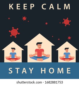 Coronavirus outbreak vector concept. A man and his neighbours sit in a meditation pose at home. Covid-19 virus in air. Staying home with self quarantine. Protect from viruses. Keep calm, stay home