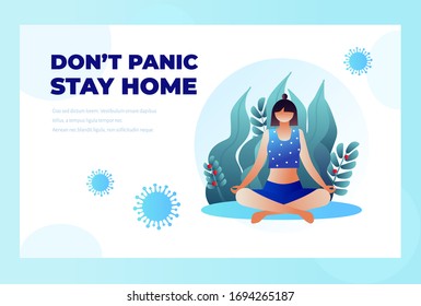 Ilustración vectorial de brote de coronavirus. Virus Covid-19 en el aire. Permanecer en cuarentena. Una niña sentada en una pose de meditación 