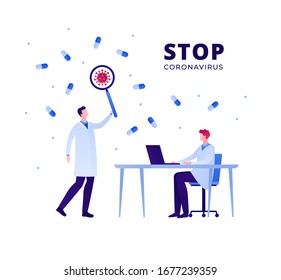 Coronavirus outbreak and virus infection concept. Vector flat person illustration. Doctor team with magnifier glass and laptop. Square banner template with copy space. Design for medicine infographic.