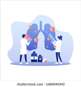 Coronavirus outbreak and virus infection concept. Vector flat person illustration. Doctor team of male and female study lung infection. Design for medicine infographic. vector illustration