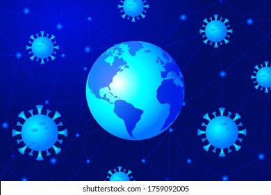 Coronavirus outbreak in world. Fighting with corona. Technology background. Coronavirus 2019-nKoV. Illustration of coronavirus COVID-2019 on a blue background. The deadly type of virus is Covid 19.