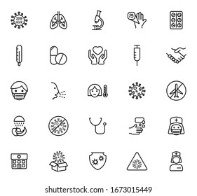 Coronavirus outline vector icons isolated on white background. Coronavirus epidemic line icon set for web, mobile apps, ui design and print products. Symptoms and prevention of coronavirus