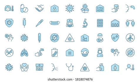 coronavirus outline vector icons in two colors isolated on white. 2019-ncov coronavirus pandemic blue icon set for web and ui design, mobile apps and print products