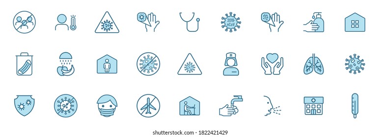 coronavirus outline vector icons in two colors isolated on white. 2019-ncov coronavirus pandemic blue icon set for web and ui design, mobile apps and print products