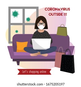 Coronavirus outside. Online shopping. Stay home. Scared girl with face mask working on laptop at home. Quarantine. vector flat illustration.