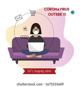 Coronavirus outside. Online shopping. Stay home. Scared girl with face mask making orders on laptop at home. Icons. Quarantine. vector flat illustration.