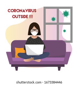 Coronavirus outside. Stay home. Scared girl with face mask working on laptop at home. Quarantine. vector flat illustration.