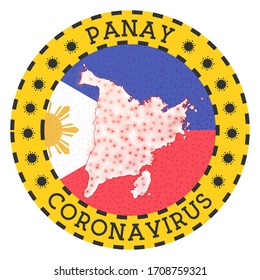 Coronavirus in Panay sign. Round badge with shape of Panay. Yellow island lockdown emblem with title and virus signs. Vector illustration.