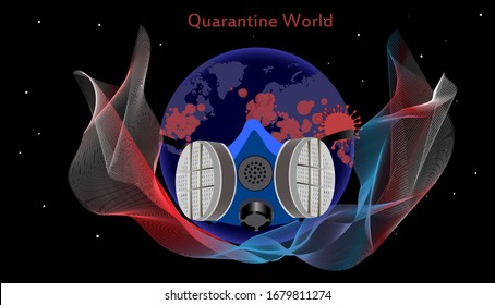 Coronavirus pandemic (2019-nCov). Vector illustration of the spread of the virus on a world map. Global catastrophe. Earth Disinfection. World quarantine with respirator, protection class FFP3.