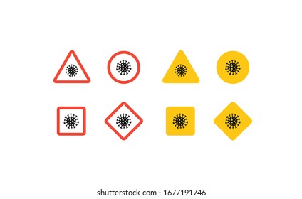 Konzept für das Koronavirus und die pandemische Aufmerksamkeit. Vektorillustration-Flachbildsatz. Virus-Symbol in unterschiedlicher Form Symbol Zeichen einzeln auf Weiß. Design-Element für Medizin Infografik, ui, Präsentation.