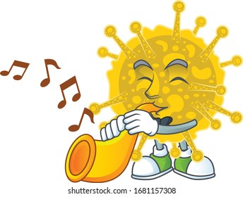 Coronavirus pandemic cartoon character playing music with a trumpet