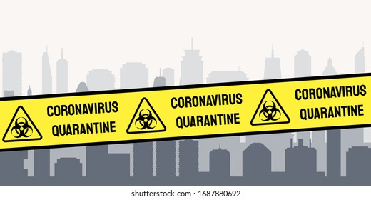 Coronavirus pandemic - city quarantine lockdown. Covid-19 crisis vector. Quarantine warning tape.