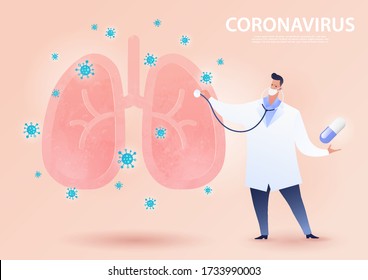 Coronavirus Pandemic. Concept of coronavirus awareness banner. doctor examines infected lung. Medical healthcare vector illustration.