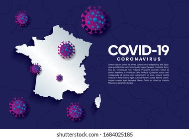 Konzept einer Koronavirus-Pandemie. Horizontaler Hintergrund mit französischer Karte, 3D-covid-19 Bakterienzellen auf blauem Hintergrund mit Text